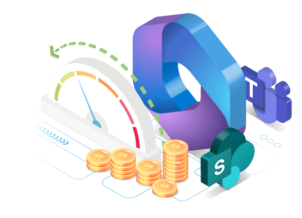 Isometric illustration of a cost gauge trending toward green next to stacks of coins and Microsoft 365 app icons, representing Microsoft 365 cost savings
